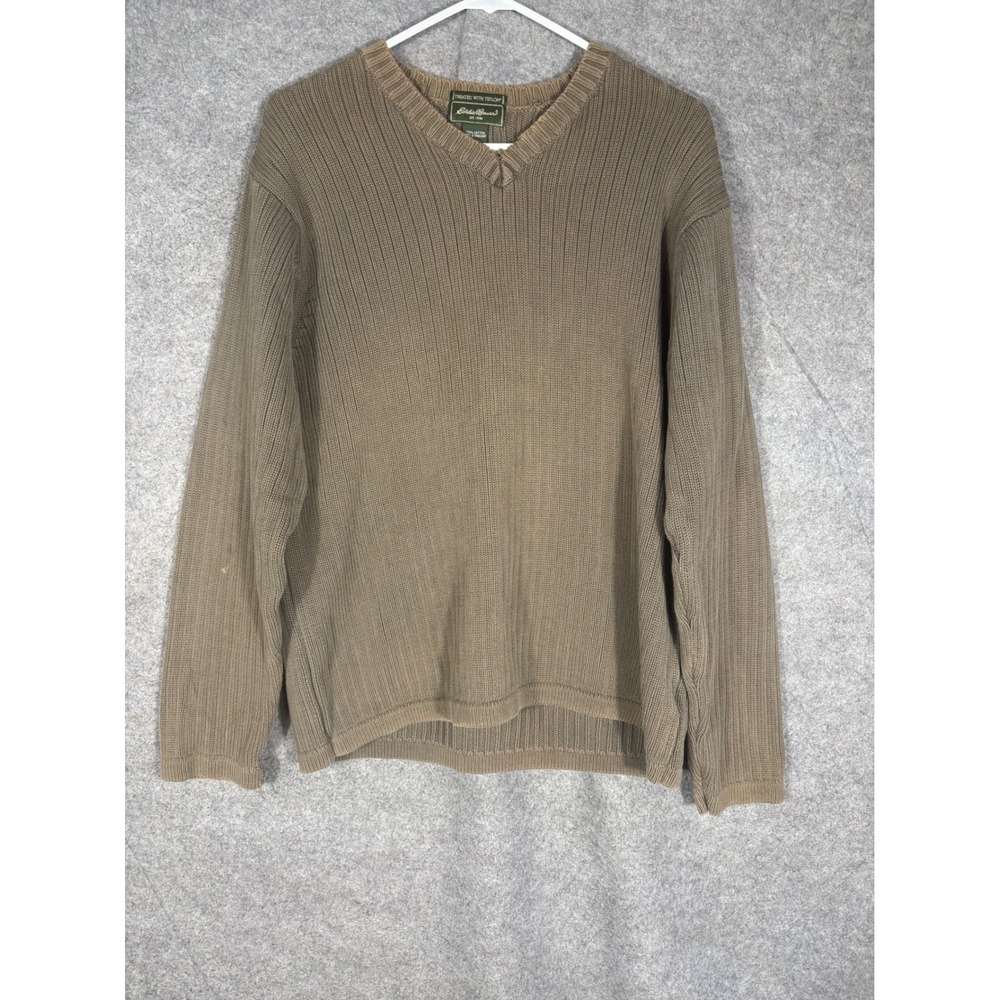 Eddie Bauer Mens Brown V-Neck Ribbed Knit 100%‎ Cotton Teflon Sweater Large